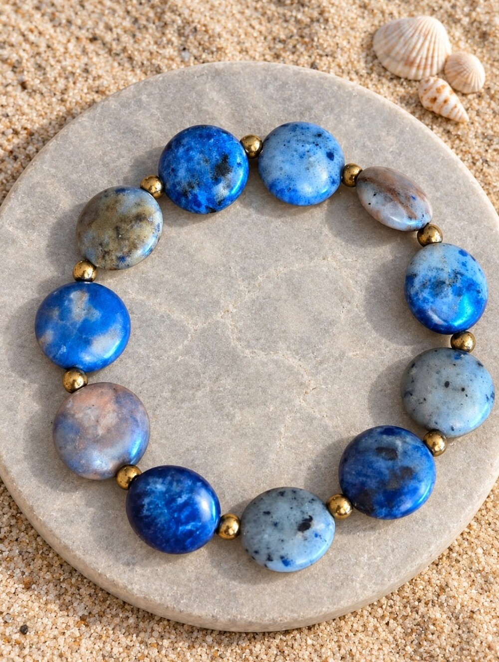 Blue Sodalite Coin Beads Stretch Bracelet | Hand Crafted